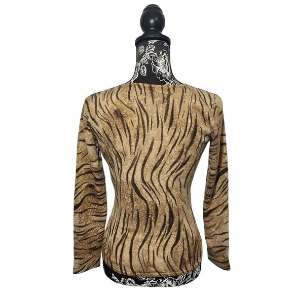 Neiman Marcus 100% Cashmere Tiger Stripe Animal Print V-Neck Sweater - MENDED - Picture 7 of 8
